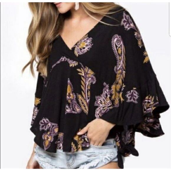 Free People Maui Wowie Black Paisley Side Tie Poncho Oversized Top Size XS - Picture 1 of 10
